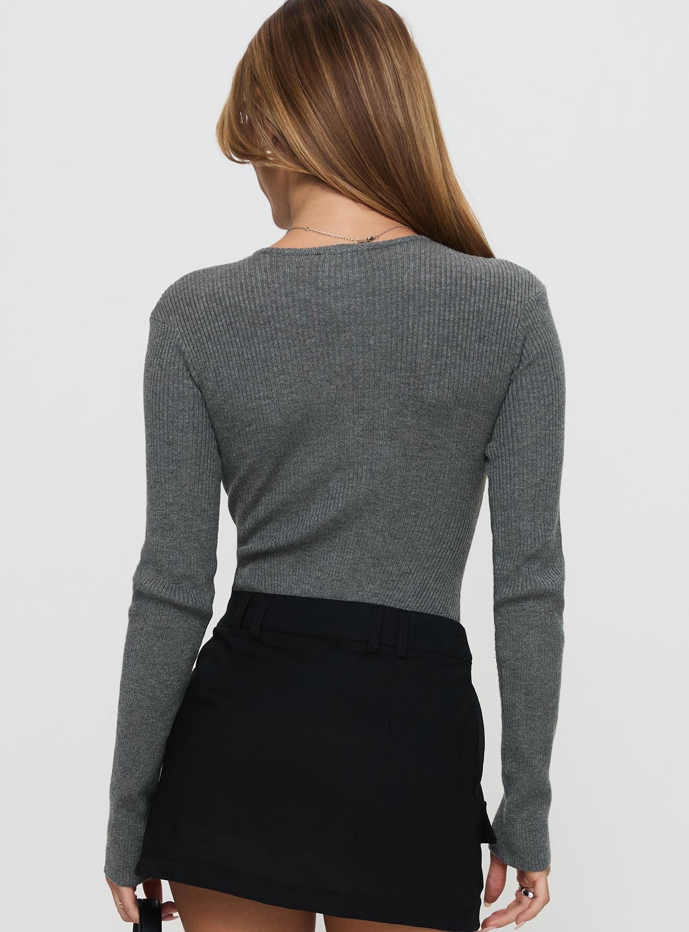 back view of model wearing Princess Polly Kerra Long Sleeve Bodysuit Charcoal Full Sleeves 