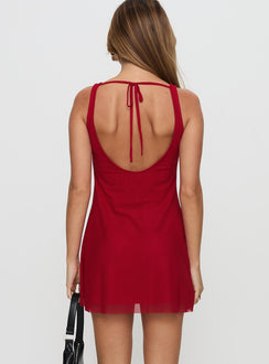 back view of model wearing Princess Polly Lukea Sleeveless Mini Dress Red Crew Neck 