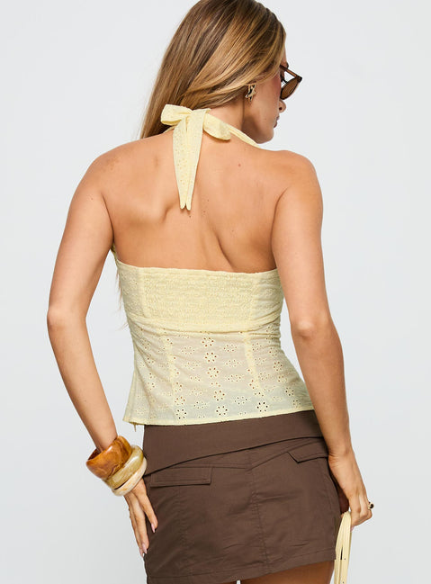 back view of model wearing Princess Polly Isabetta Halter Top Lemon Sleeveless Sweetheart 