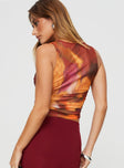 Tank top Mesh material, tie-dye print, high neckline, ruching detail at sides Good stretch, fully lined 