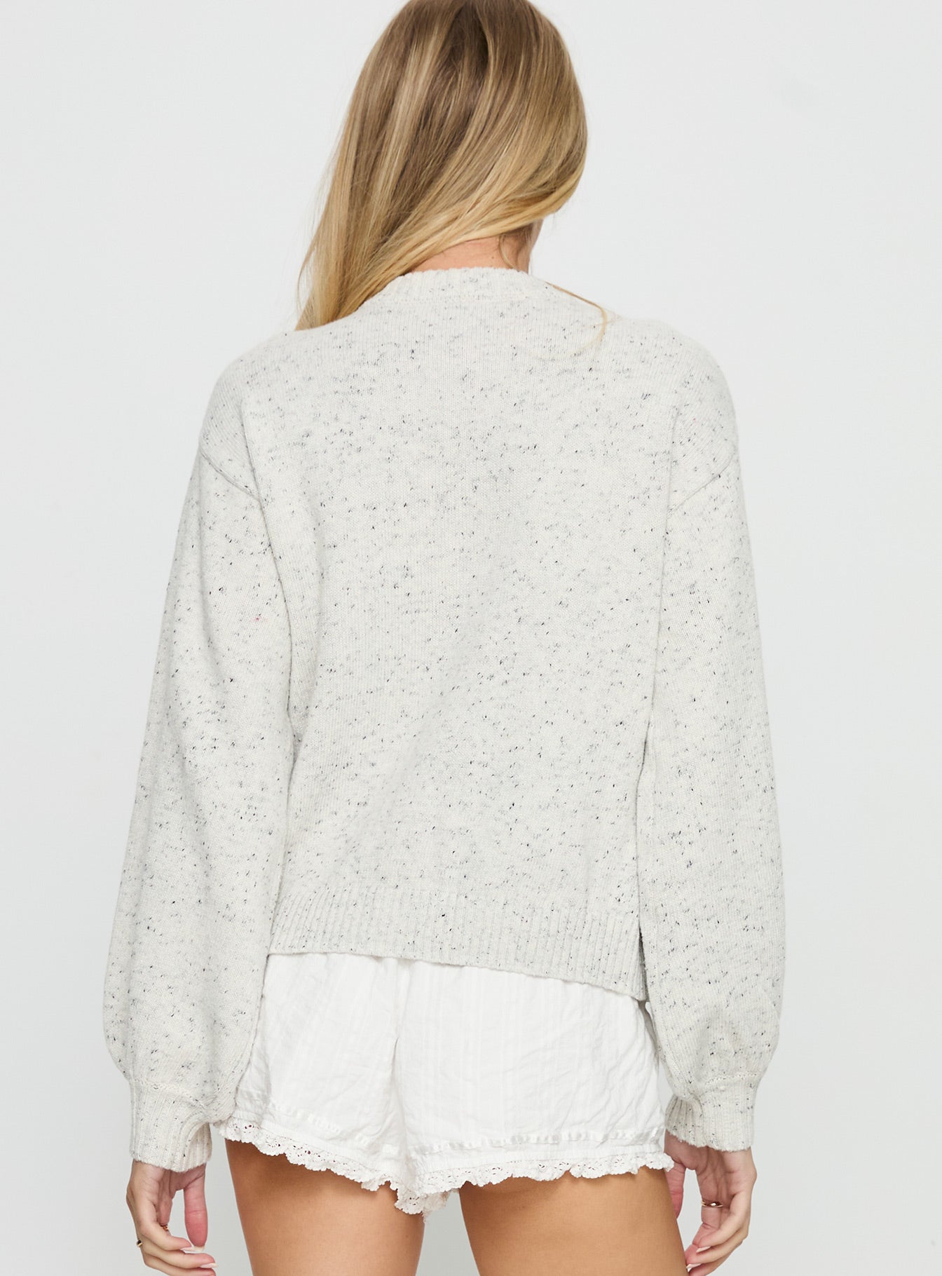 back view of model wearing Princess Polly Dorah Boxy Cardigan Grey Cropped Jumpers 