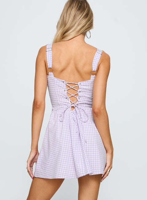 back view of model wearing Princess Polly Gentle Soul Mini Dress Purple Multi Sweetheart Neckline 