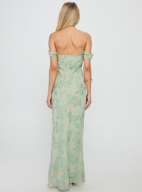 Azura Off The Shoulder Maxi Dress Green Burnout