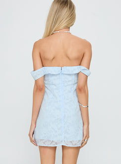 Christiana Off Shoulder Mini Dress Light Blue Burnout