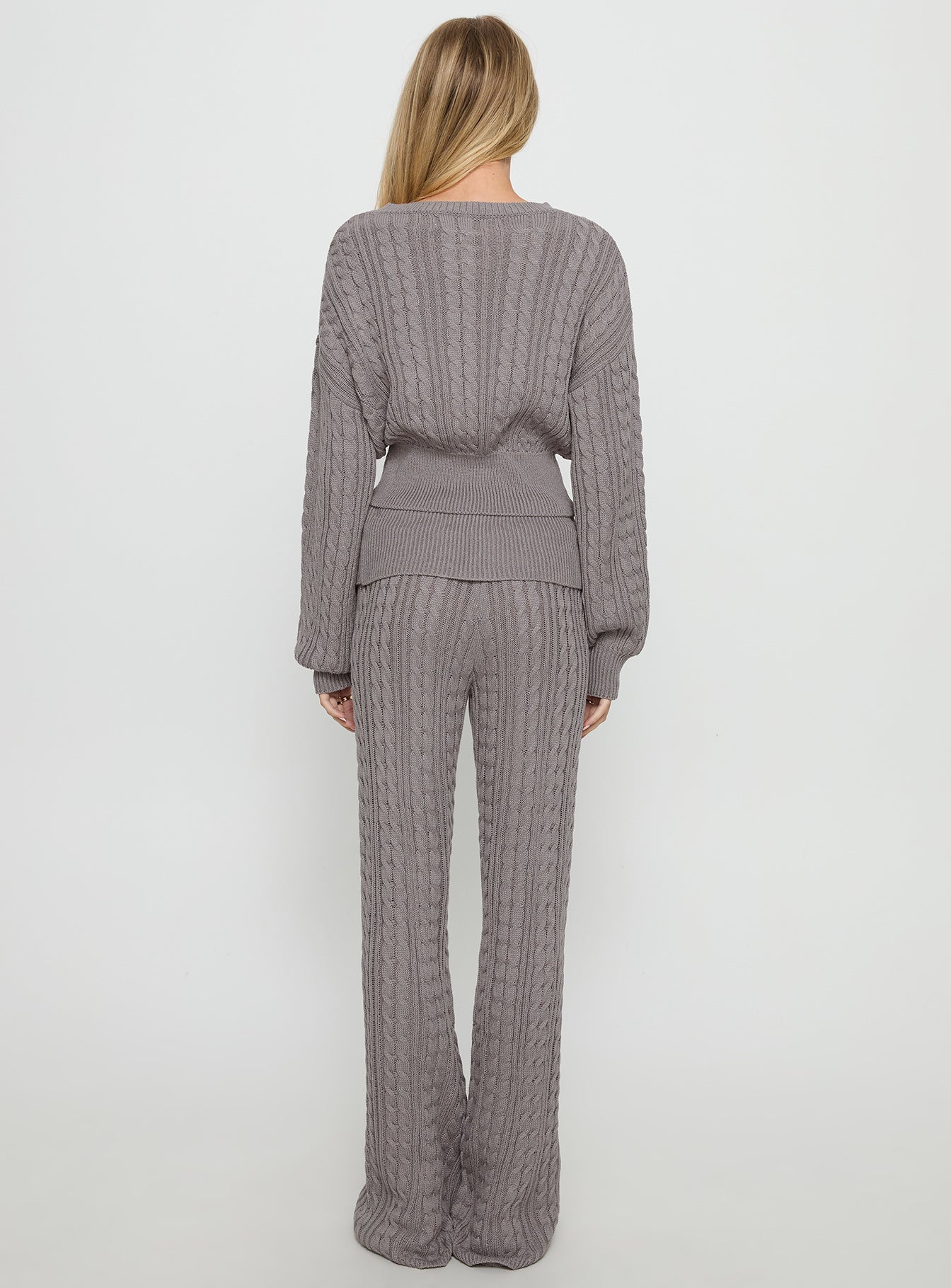 back view of model wearing Princess Polly Baleigh Cable Knit Foldover Pants Grey Mid Rise Pants 