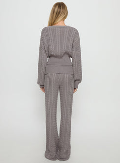 back view of model wearing Princess Polly Baleigh Cable Knit Foldover Pants Grey Mid Rise Pants 
