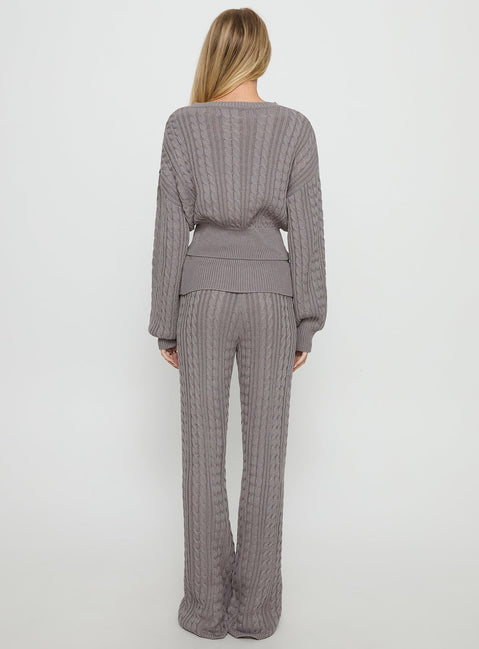 back view of model wearing Princess Polly Baleigh Cable Knit Foldover Pants Grey Mid Rise Pants 