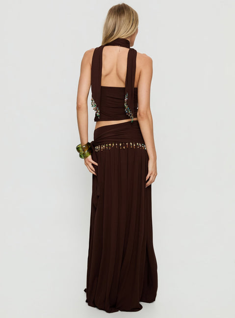 back view of model wearing Princess Polly Spirita Beaded Sarong Maxi Skirt Brown Maxi Skirts 