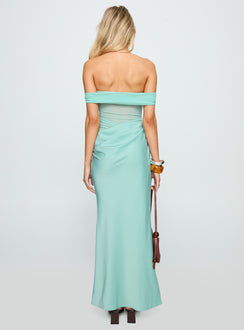back view of model wearing Princess Polly Only Exception Off The Shoulder Maxi Dress Aqua Straight Neck 