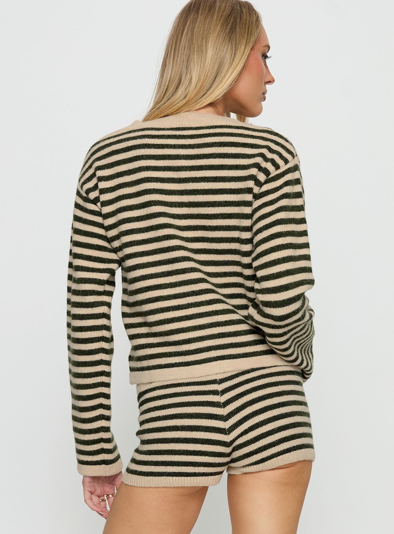 back view of model wearing Princess Polly Kollens Knit Cardigan Beige Multi Cropped Jumpers 