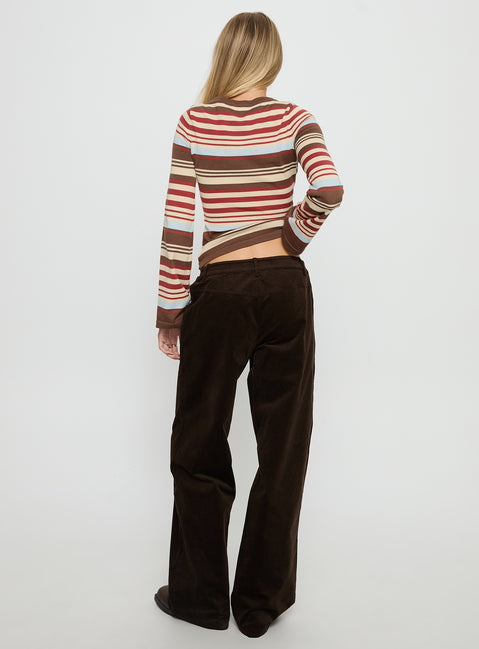 back view of model wearing Princess Polly Kenza Wide Leg Corduroy Pant Brown Mid Rise Pants 