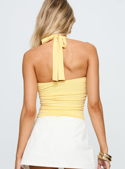back view of model wearing Princess Polly By The Beach Halter Bodysuit Yellow Sleeveless 