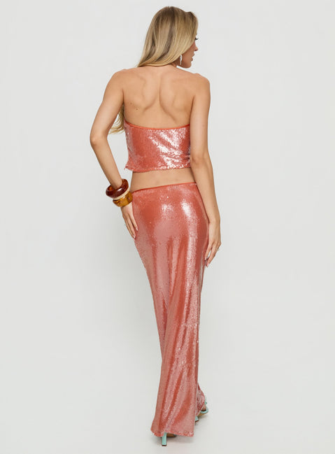 back view of model wearing Princess Polly Emalia Sheer Sequin Maxi Skirt Orange Maxi Skirts 