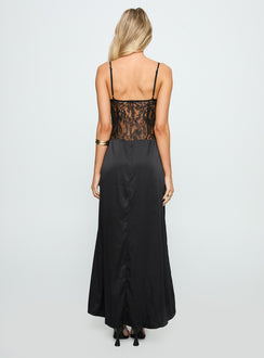 back view of model wearing Princess Polly Captivate Lace Maxi Dress Black V-Neck 
