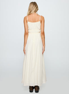 back view of model wearing Princess Polly Violeta Tiered Maxi Dress Cream Square Neck 