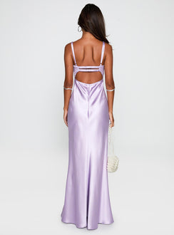 back view of model wearing Princess Polly Fadyen Bias Cut Maxi Dress Lilac Sweetheart Neckline 