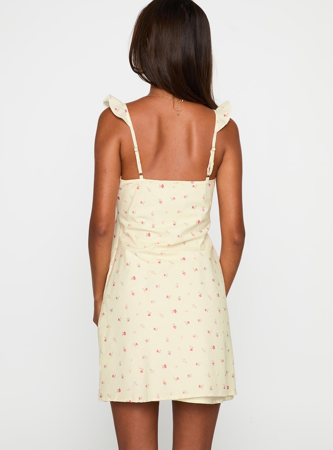 back view of model wearing Princess Polly Tattoo Kisses Frill Mini Dress Floral V-Neck 