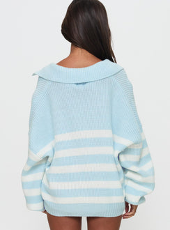 back view of model wearing Princess Polly Carolena Long Sleeve Collared Knit Sweater Blue / White Stripe Long 