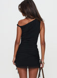 back view of model wearing Princess Polly Liqourish Ruched Mini Dress Black Asymmetric Neckline 