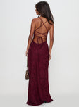 back view of model wearing Princess Polly Celena Maxi Dress Burgundy Cowl Neck 