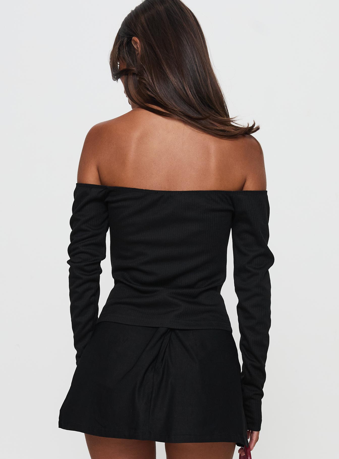 back view of model wearing Princess Polly Wish You The Best Off Shoulder Bow Detail Top Black Sleeveless straight 