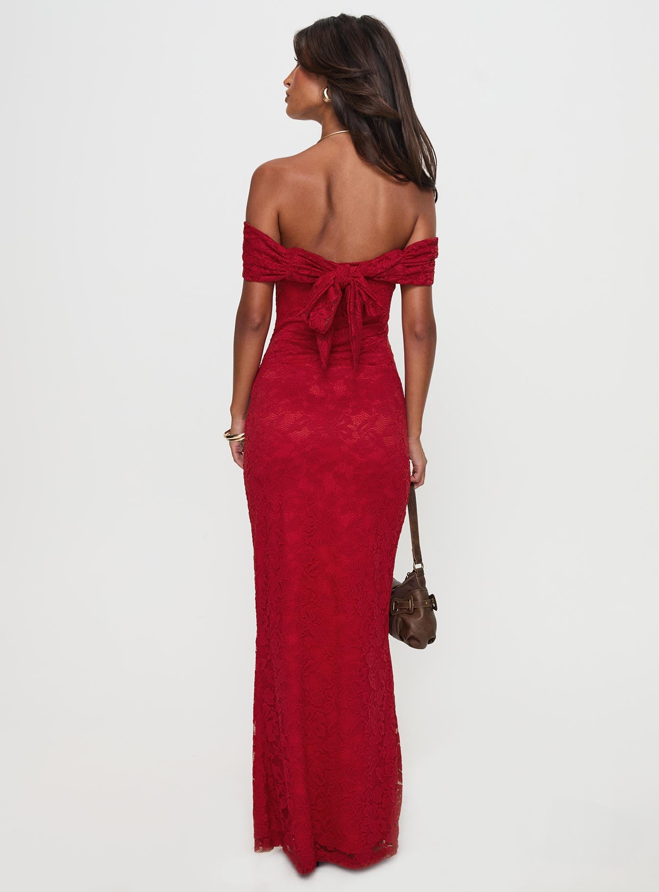 back view of model wearing Princess Polly Allured Strapless Maxi Dress Burgundy Straight Neck 
