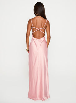 back view of model wearing Princess Polly Ravia Maxi Dress Pink Scoop Neck 