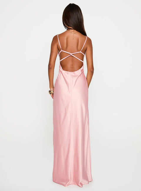 back view of model wearing Princess Polly Ravia Maxi Dress Pink Scoop Neck 