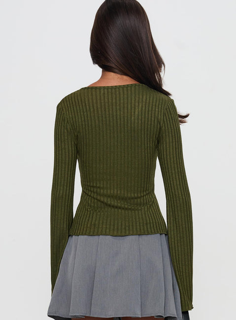 back view of model wearing Princess Polly Allona Long Sleeve Top Green Full Sleeves Plunger 