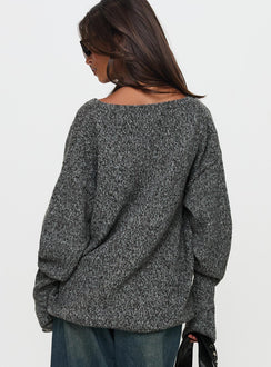 back view of model wearing Princess Polly Beyond My Gaze V Neck Knit Sweater Grey Long 