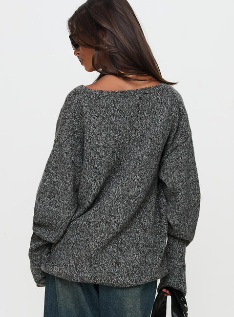 back view of model wearing Princess Polly Beyond My Gaze V Neck Knit Sweater Grey Long 