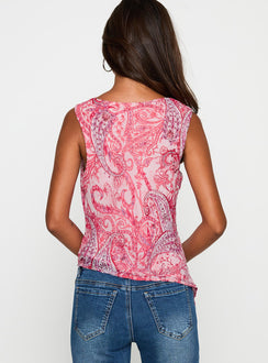 back view of model wearing Princess Polly Blame The Rain Cowl Neck Top Pink Paisley Sleeveless Cowl 
