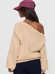 back view of model wearing Princess Polly Jadynn Off Shoulder Knit Sweater Cream 