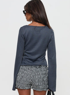 back view of model wearing Princess Polly Rowynne Long Sleeve Tie Up Top Slate Grey Full Sleeves Scoop Neck 