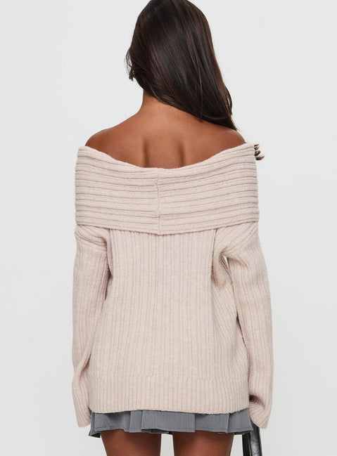 back view of model wearing Princess Polly Mirrelle Off Shoulder Knit Sweater Beige Long 
