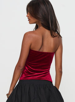 back view of model wearing Princess Polly Janece Strapless Velvet Top Red Sleeveless straight 