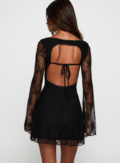 back view of model wearing Princess Polly Kateryna Long Sleeve Lace Mini Dress Black V-Neck 