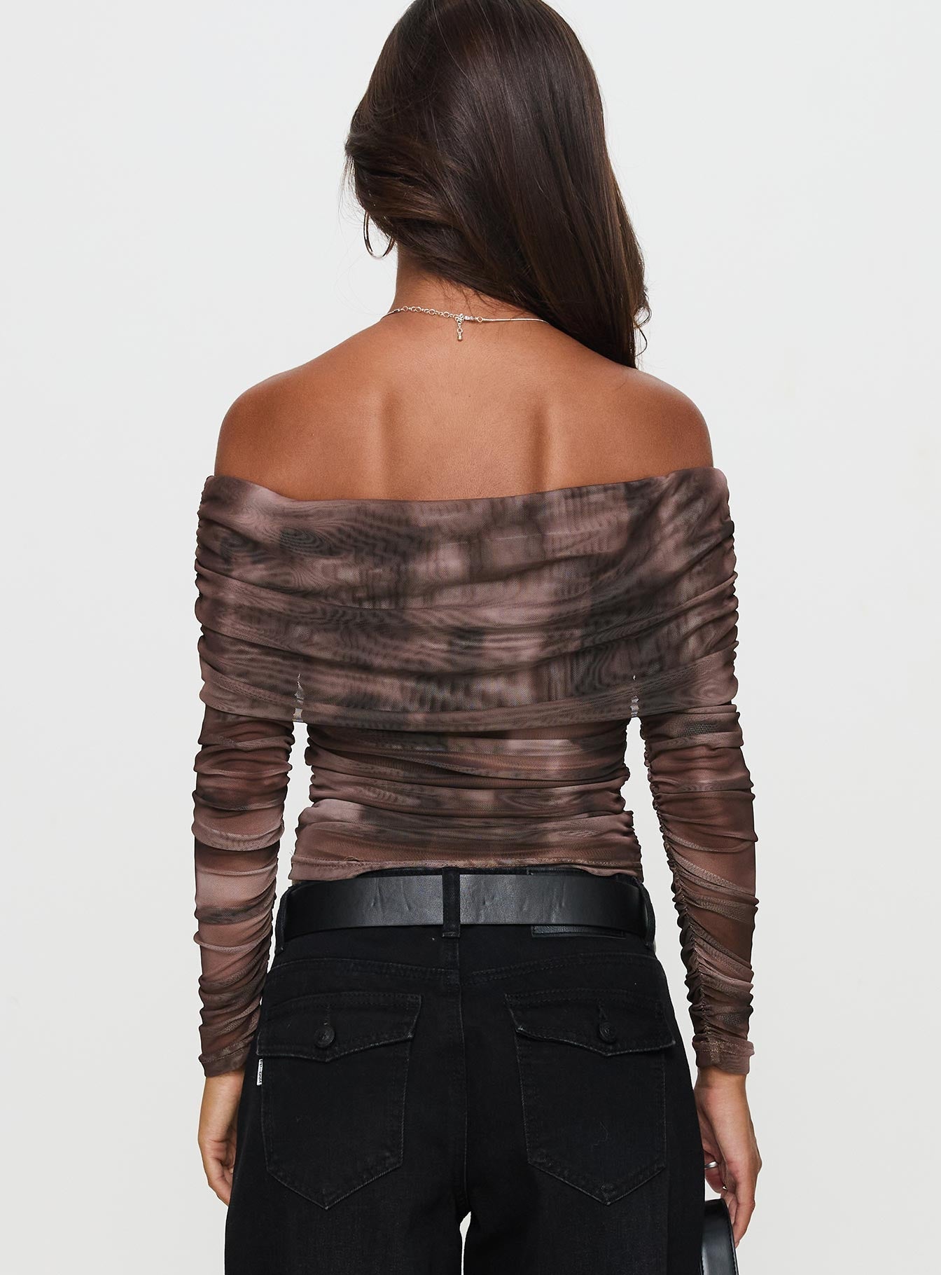 back view of model wearing Princess Polly Good Taste Off Shoulder Long Sleeve Top Multi Full Sleeves straight 