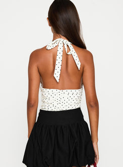 back view of model wearing Princess Polly Atelier Halter Bodysuit Multi Sleeveless 