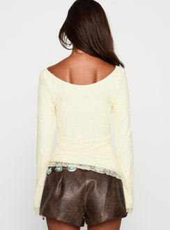back view of model wearing Princess Polly Hyacinthe Long Sleeve Top Cream Full Sleeves Scoop Neck 