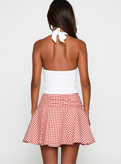 back view of model wearing Princess Polly Sweet Verona Ruched Mini Skirt Red Check Mini Skirts 