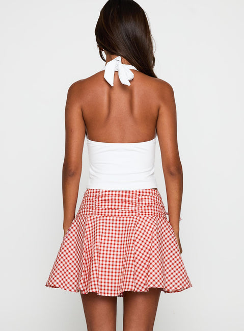 back view of model wearing Princess Polly Sweet Verona Ruched Mini Skirt Red Check Mini Skirts 