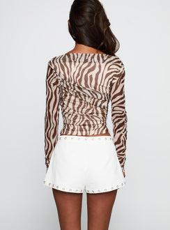 back view of model wearing Princess Polly Isolda Long Sleeve Top Brown Zebra Full Sleeves Boat Neck 