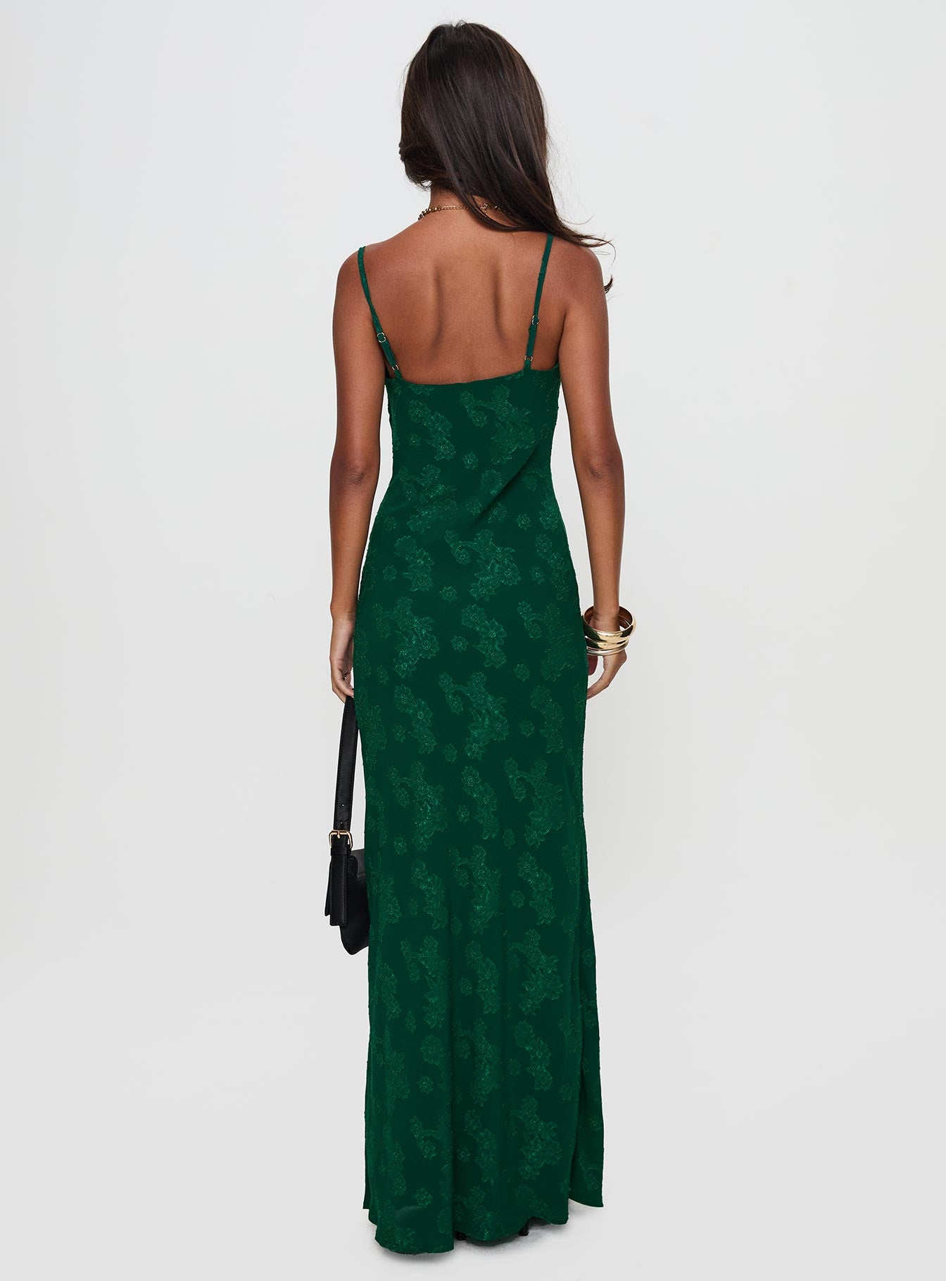 back view of model wearing Princess Polly Ginette Maxi Dress Forest Green Sweetheart Neckline 