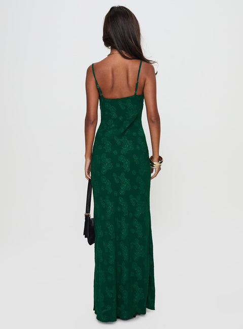 back view of model wearing Princess Polly Ginette Maxi Dress Forest Green Sweetheart Neckline 