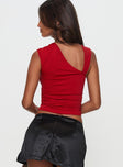 back view of model wearing Princess Polly Ander Top Red Sleeveless Asymmetric Neckline 