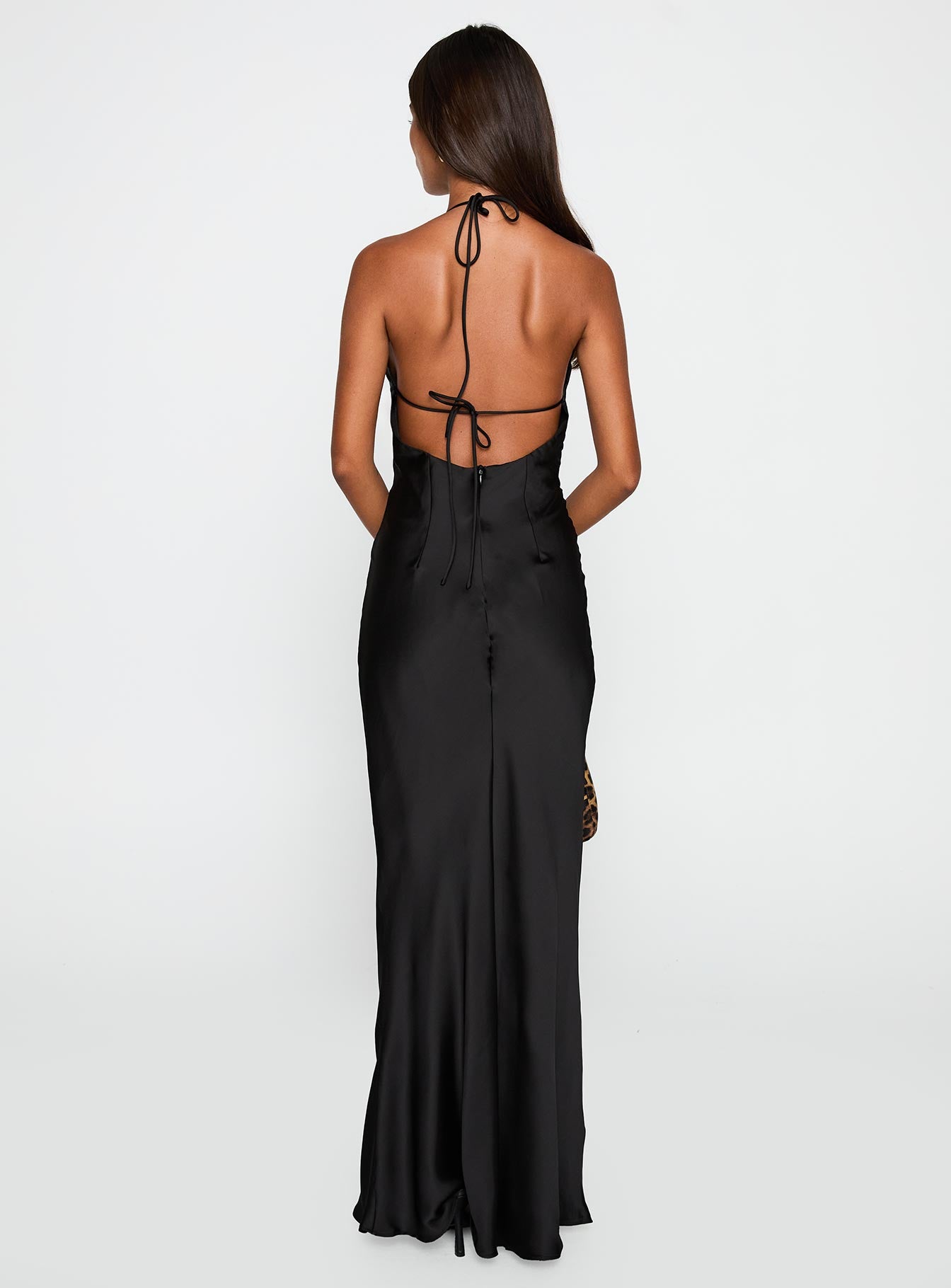 back view of model wearing Princess Polly Yasminn Maxi Dress Black Plunger 