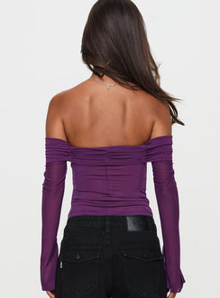back view of model wearing Princess Polly Wisterea Off Shoulder Long Sleeve Top Plum Full Sleeves Sweetheart 