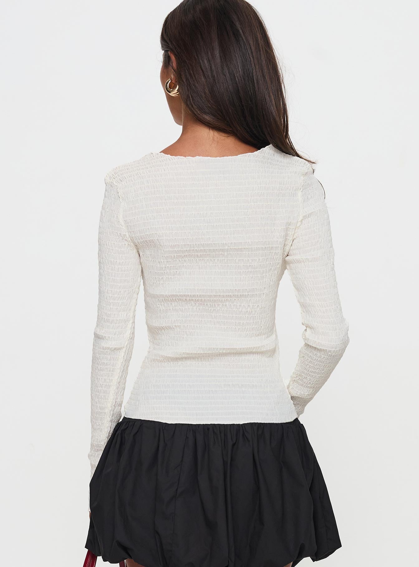 back view of model wearing Princess Polly Murphey Ruched Long Sleeve Top Cream Full Sleeves Boat Neck 