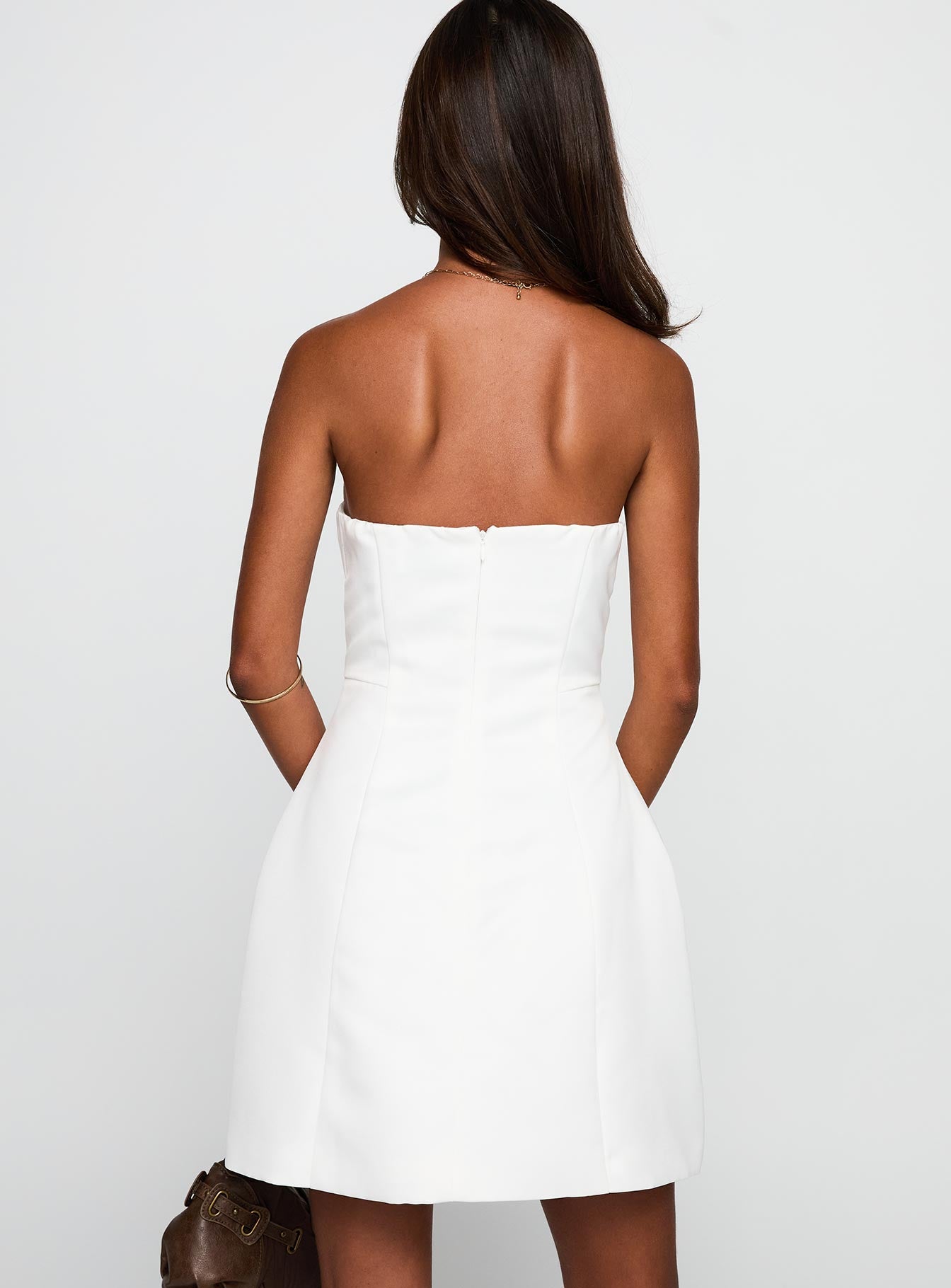 back view of model wearing Princess Polly Gywneira Strapless Mini Dress White Straight Neck 